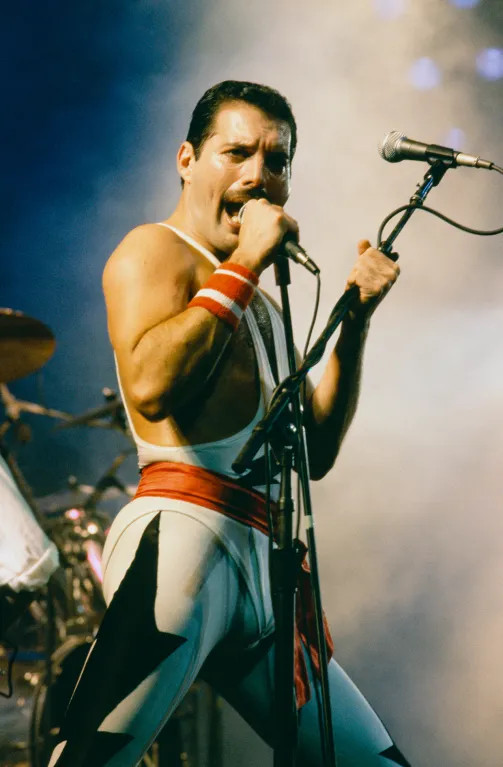 Freddie Mercury of Queen performs at the Rock in Rio festival, Brazil in January 1985.